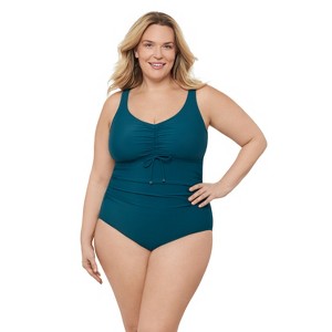 Aqua Green Women's Cinched V-Neck Shirred One Piece - 1 of 3