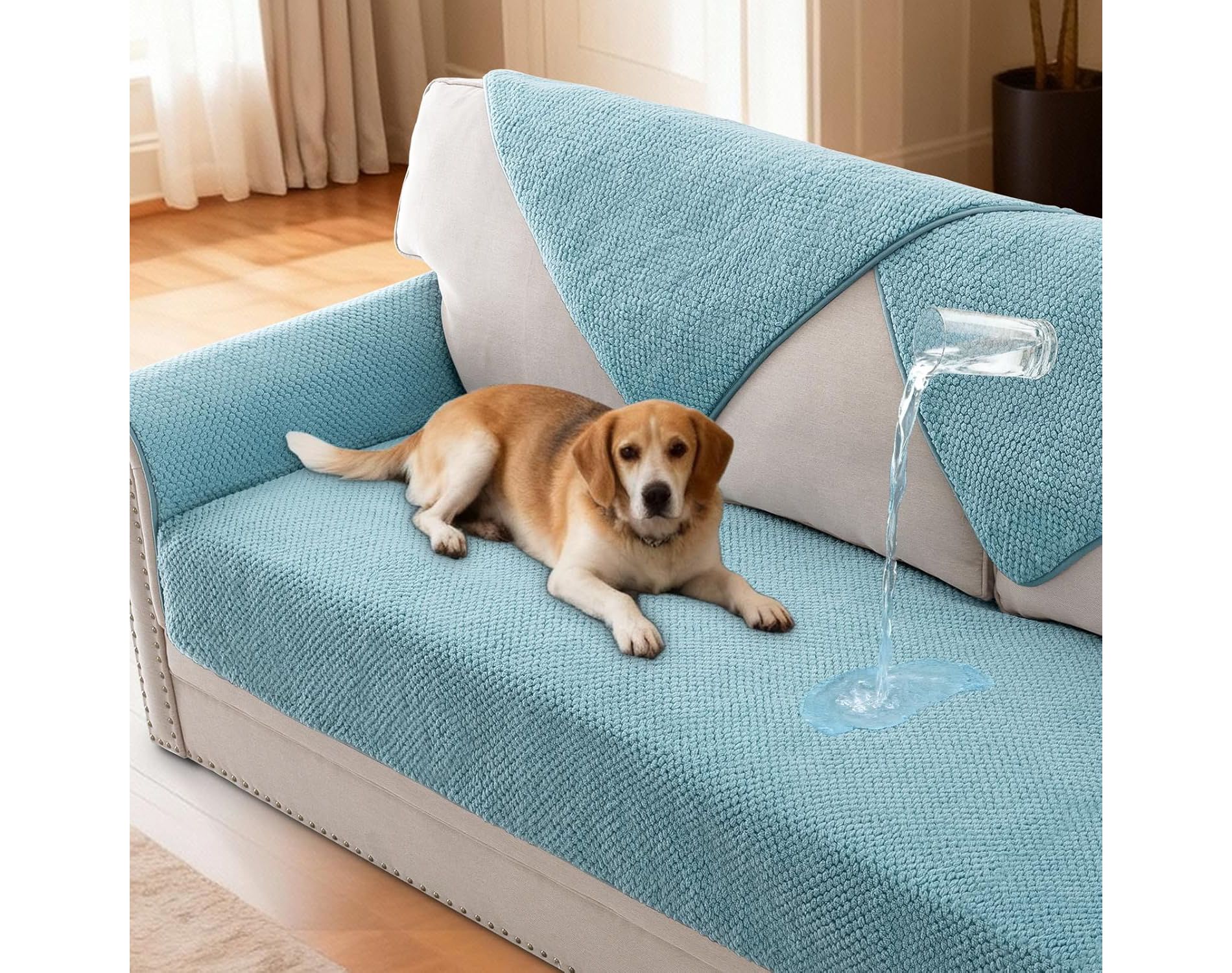H.Versailtex 1 Piece Waterproof Plush Sofa Cover with Strap Soft Anti Slip Sofa Slipcover for Dogs Cats STONE BLUE 36“x84"