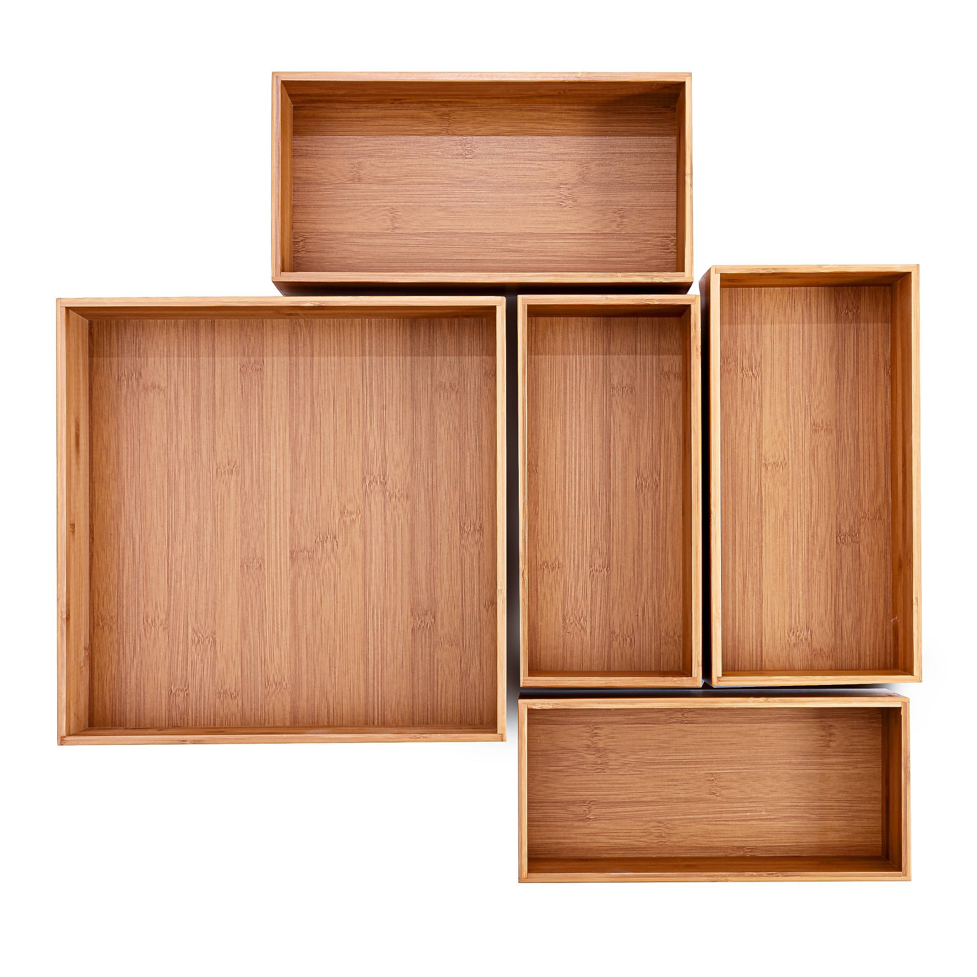 Seville Classics 5pc Bamboo Storage Bins Pantry Organizer Box Set: Multi-Compartment Kitchen Storage, Spot Clean, Brown