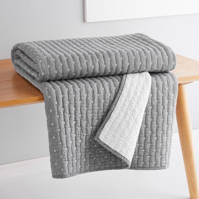 Grey and Cream Cotton Reversible Quilted Throw Blanket