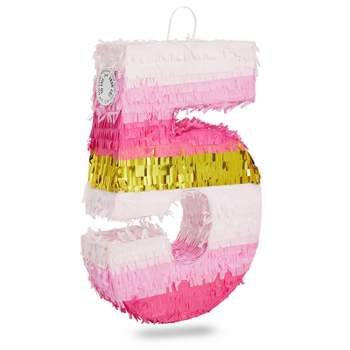 Blue Panda Small Pink Gold Number 5 Pinata for Kids 5th Birthday Party Decorations, 16.5 x 11.6 x 3 In