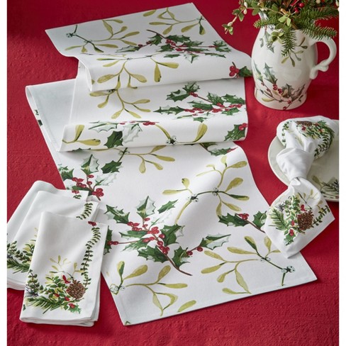 tagltd Red and Green Mistletoe & Holly Printed White Cotton Table Runner, 72L X 14.5W in. - image 1 of 2