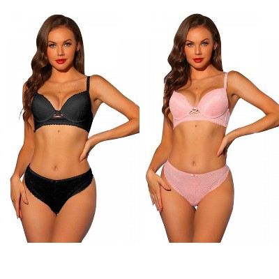 Allegra K Women's Lace Padded Full Coverage Underwire Bra and Panty Set 2 Packs