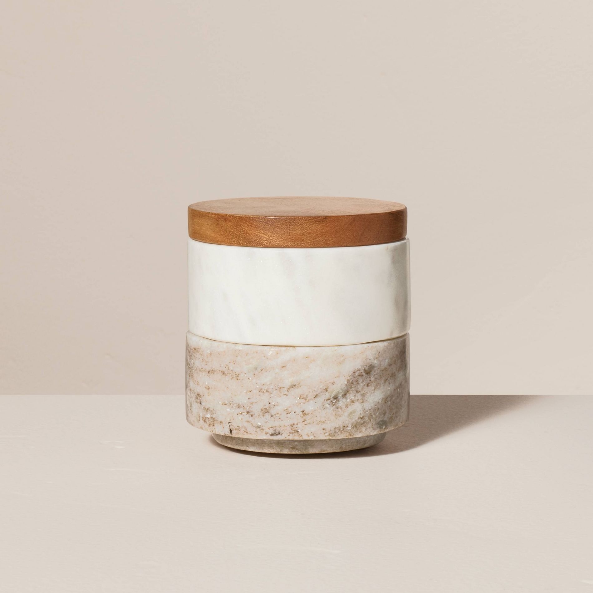 3pc Marble Stacking Salt & Pepper Cellar White/Warm Gray - Hearth & Hand™ with Magnolia: Acacia Lid, Farmhouse Style