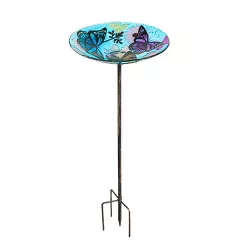 Evergreen 25"H Glass Stake Birdbath, Bountiful Butterfly- Fade and Weather Resistant Outdoor Decor for Homes, Yards and Gardens