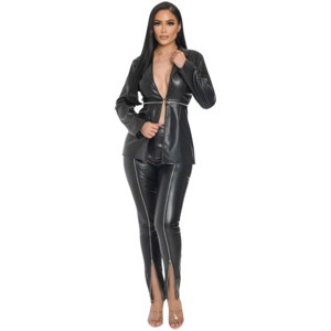 Slickblue Women's PU Leather Zipper Pant Set with Detachable Blazer, Two-Way Wear, Beige or Black, Size S-L - 1 of 4