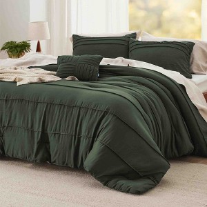 BAGOKIE 4-Piece Pinch Pleat Striped Bed in a Bag Comforter Set for All Season - 1 of 3