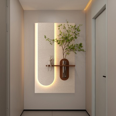 Adjustable 3-Color LED Sandstone Wall Decor with Simulated Green Plants,3D Art Sculpture, Glass Vase & Rabbit Statue, Remote Control Light Strips