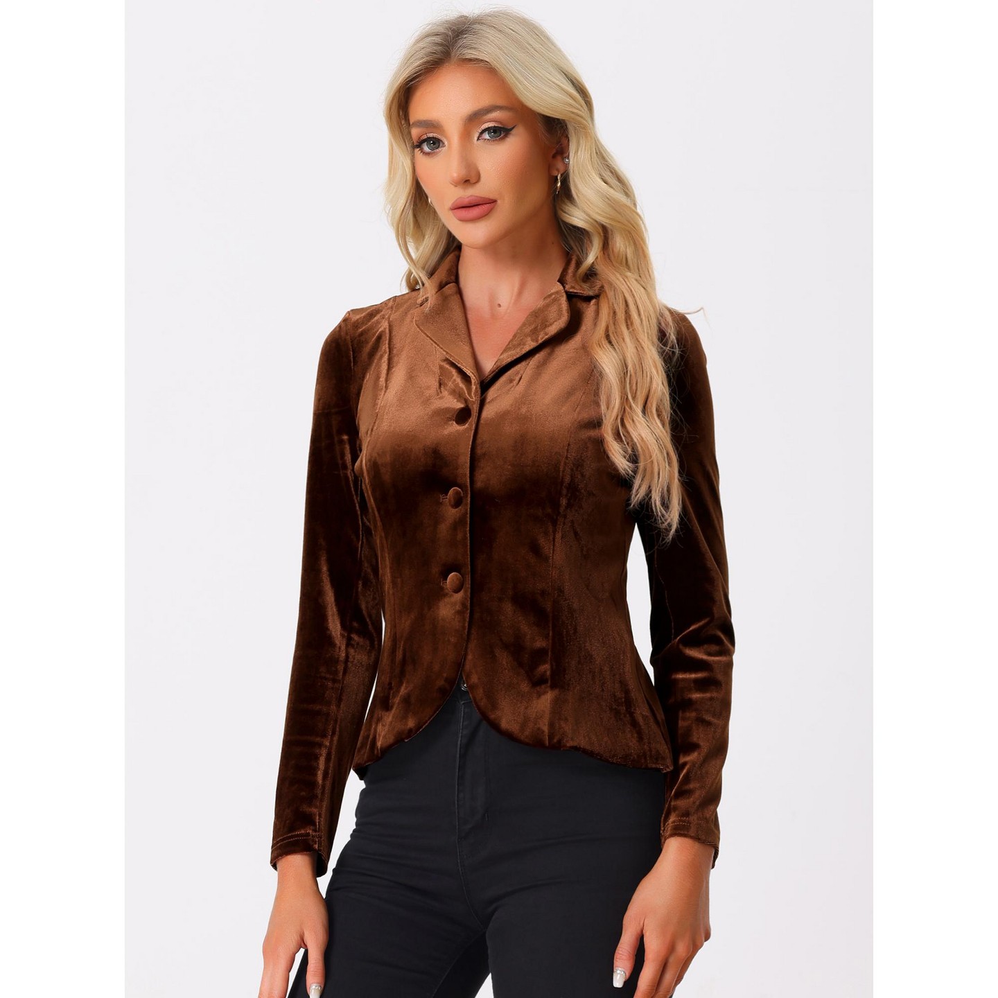 Женский пиджак INSPIRE CHIC Notched Lapel Long Sleeve Office Button Velvet Suit Blazer Small Brown, цвет: Коричневый — фото 2