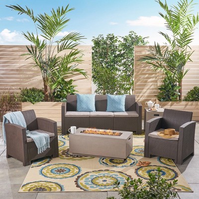 Mercier 5pc Wicker Print Chat Set with Fire Pit & Tank Holder - Brown/Beige/Light Gray - Christopher Knight Home