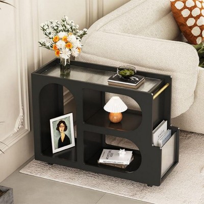 Accent Tables with Drawer, End Table with Lockable Wheels, Nightstand with Open Storage Compartments-Cuddlewood