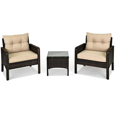 Tangkula 3PCS Outdoor Patio Rattan Wicker Conversation Set W/Cushions