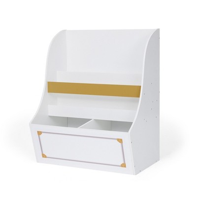 White Wooden Kids Bookcase with Gold Accents and Storage Cubes
