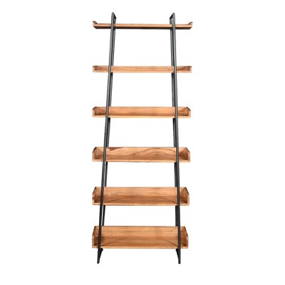 74" 6 Tier Wooden Ladder Storage Bookshelf with Metal Frame Brown/Black - The Urban Port