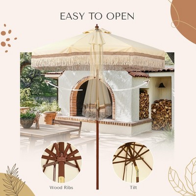 Beige 7' Boho Patio Umbrella with Cotton Fringe and Wooden Pole
