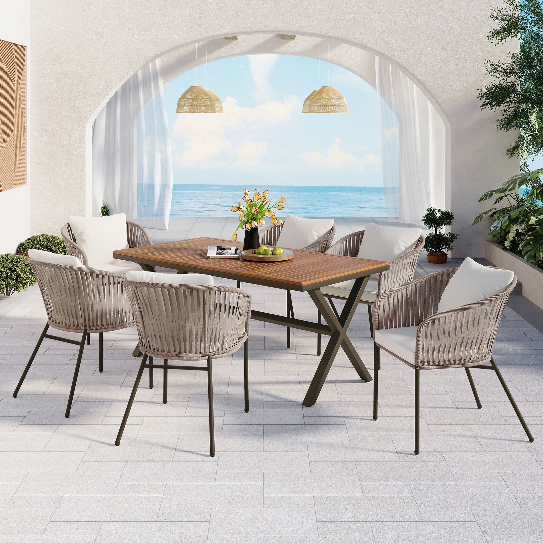 ModernLuxe 7pcs Patio Dining Sets, All-Weather Outdoor Furniture Set with Dining Table and Chairs, Acacia Wood Tabletop, Metal Frame, Beige