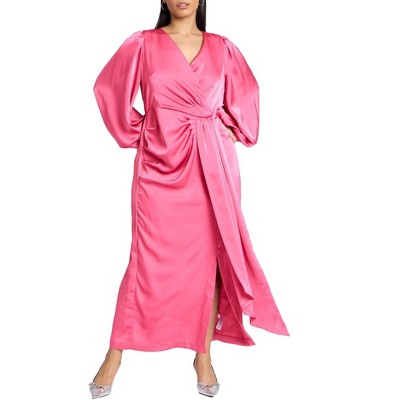 ELOQUII Women's Plus Size Satin Puff Sleeve Pleated Dress