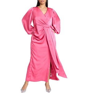 ELOQUII Women's Plus Size Satin Puff Sleeve Pleated Dress - 1 of 3