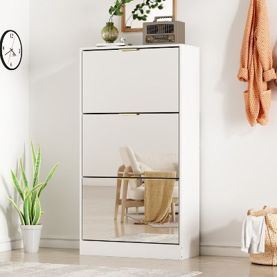 FUFU&GAGA Shoe Cabinet with 3 Mirrored Flip Drawers, Free Standing Slim Chest