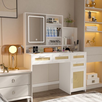 NicBex Vanity Desk with Mirror Vanity Table with Sliding Mirror, 4 Drawers, Makeup Vanity with Storage Cabinet, 6 open Shelves for Bedroom