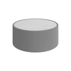 Kumasinova Modern Round Coffee Table with Light Marble Top,18"/30" PU Leather Center Table with Cylinder Shape,Side Table for Living Room Furniture - 1 of 4