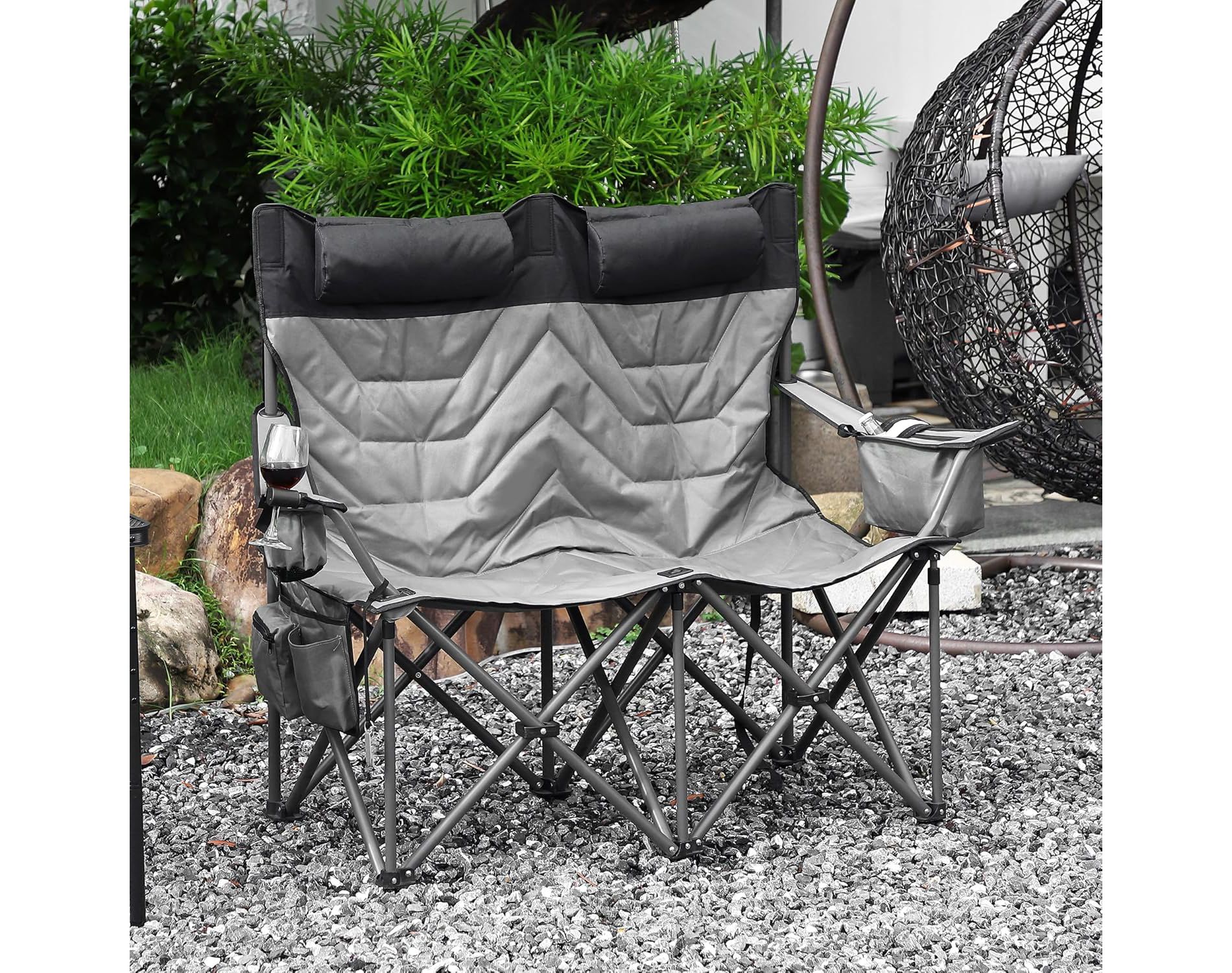 TackView Heavy Duty Oversized Camping Chair for 2 Person, Folding Outdoor Chair with Cooler Pouch, Quad Lumbar Support & Cup Holder for Adults, Gray
