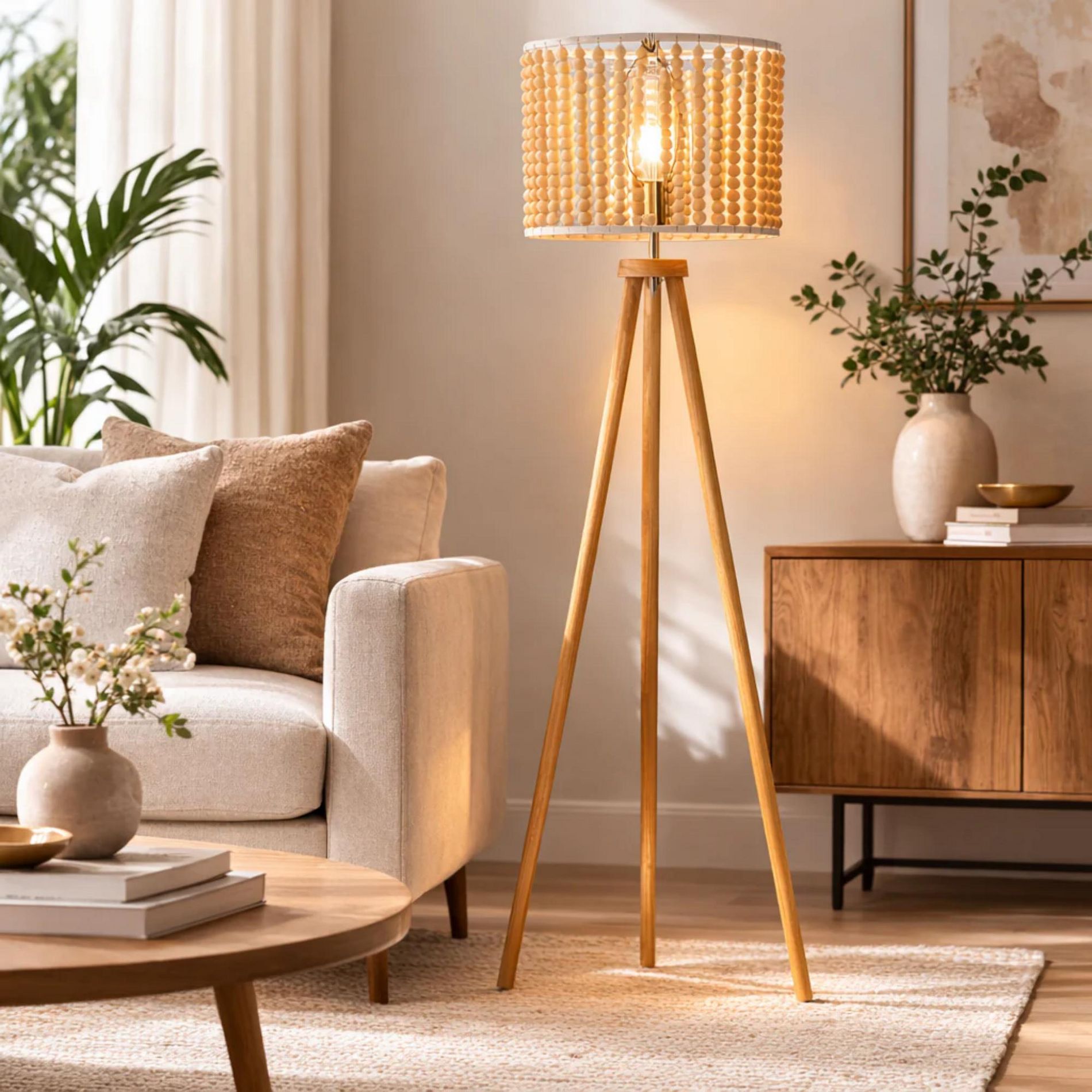 GDFStudio Pnoeae Traditional Three Legged Floor Lamp with Beaded Shade, Brown