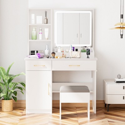 Sapphtopaz Makeup Vanity Desk with Mirror and Lights, Wood Makeup Table with Drawer & Storage Cabinet Dresser For Bedroom