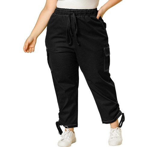 Agnes Orinda Women's Plus Size Drawstring Elastic Waist Cargo Pants with  Pockets Black 1X