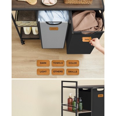 Chestnut Brown and Gray Steel Rolling Laundry Sorter with Shelves