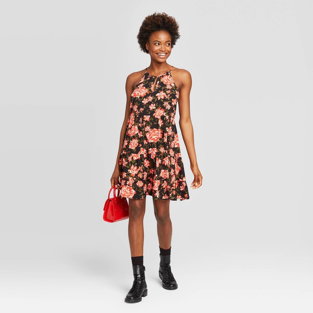 Women's Floral Print Sleeveless Tiered Dress - Xhilaration Black XS was $24.99 now $17.49 (30.0% off)