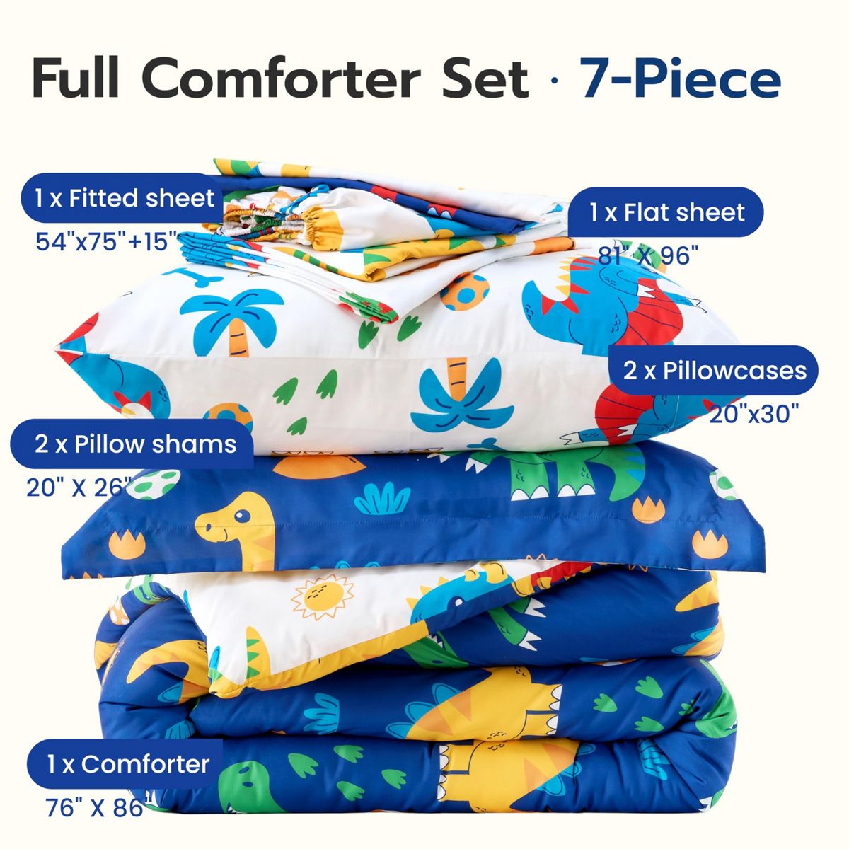 Joyfy Kids Full Comforter Set for Toddler Teen Boys Cute Dinosaur Bedding Set Super Soft Microfiber Bed in a Bag with Comforter Sheet Pillowcase Sham - thumbnail 3