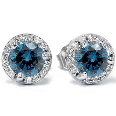 Pompeii3 1ct Pave Halo Martini Blue Diamond Studs 14K White Gold Lab Created