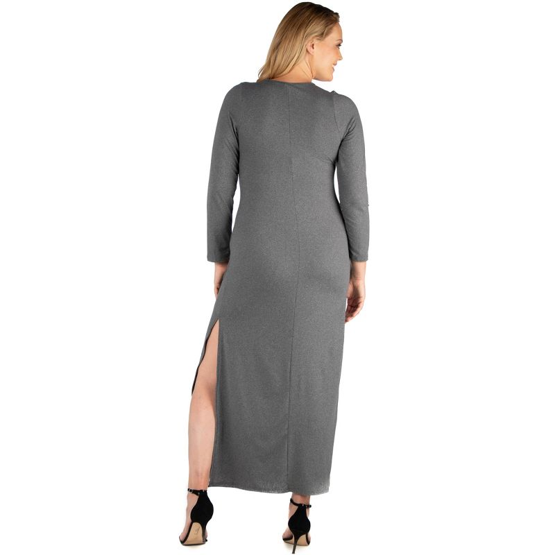 24seven Comfort Apparel Long Sleeve Side Slit Fitted Black Plus Size Maxi Dress, 3 of 5