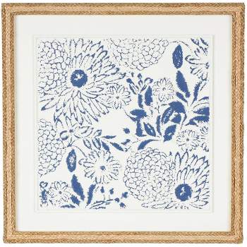 Olivia & May 22"x22" Wood Floral Relief Wall Decor with Brown Woven Seagrass Frame and White Backing Blue