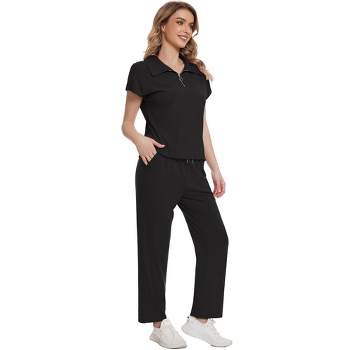 Summer 2 Piece Outfits for Women Casual Sweatsuits Short Sleeve V Neck Tops with Crop Long Pants