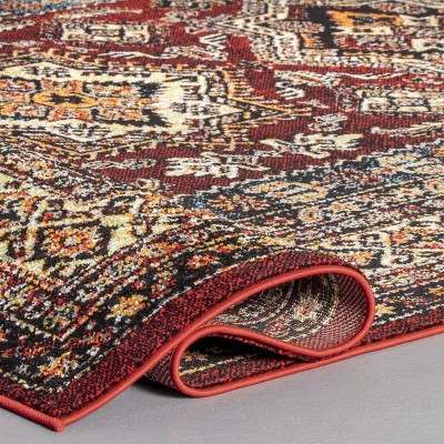 Medieval Red and Ivory Synthetic Square Area Rug, 6'