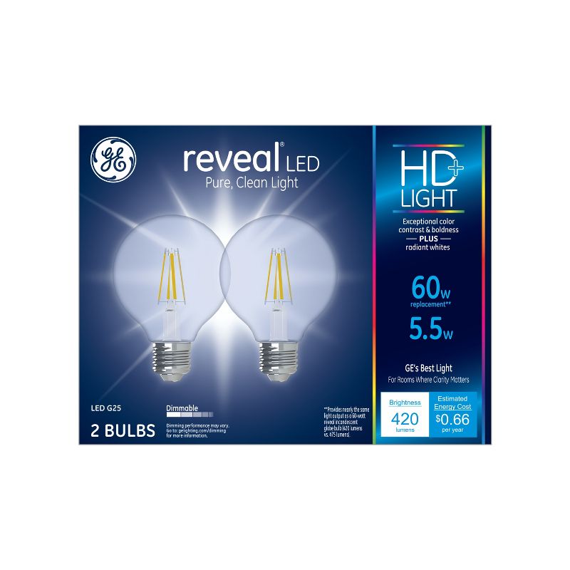GE 2pk 5W 60W Equivalent Reveal LED HD+ Globe Light Bulbs Clear, 3 of 4