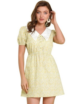 Allegra K Women's Casual Floral Embroidered Contrast Collar Elastic Waist Button-Down Mini Dress