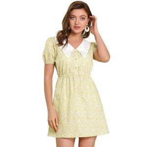 Allegra K Women's Casual Floral Embroidered Contrast Collar Elastic Waist Button-Down Mini Dress - 1 of 4
