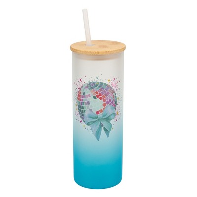 Elanze Designs 25 Ounce Frosted Glass Gradient Travel Tumbler With Straw and Wooden Lid, Disco Ball Sky Blue
