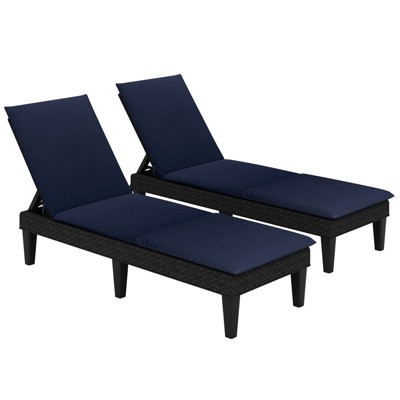 Tangkula 2PCS Patio Lounge Chair Recliner Chair w/ 3-Position Adjustable Backrest & Cushion Black & Blue