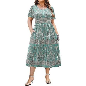 Zeagoo Women Plus Size Short Sleeve Dress Loose Summer Casual A-Line Flowy Midi Dresses with Pockets Pa169 3X - 1 of 4