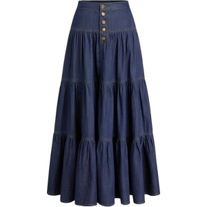 Women's Tiered Denim Maxi Skirt - High Waisted Button Down Long Jean Skirt Navy Blue - 1 of 4