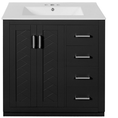 Vynxaria 30 inch Black Retro Style Single Sink Freestanding Bath Vanity with White Ceramic Top Three Full Extension Drawers One Soft Close Door