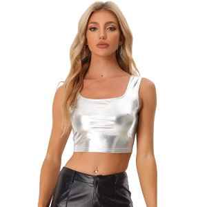 INSPIRE CHIC Women's U Neck Sleeveless Party Clubwear Shiny Metallic Crop Tank Tops - 1 of 4