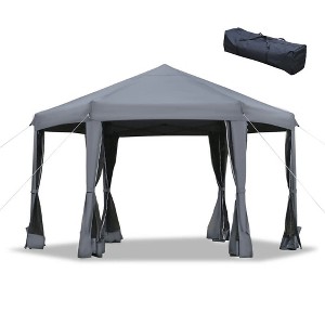 Resenkos Patio Garden Pergola, Pergola Canopy,13' x 11' Hexagonal Pop Up Gazebo with 6 Mesh Sidewall Netting, 3-Level Adjustable Height, Gray Dark - 1 of 4