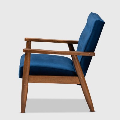 Navy Blue Velvet and Walnut Wooden Accent Chair
