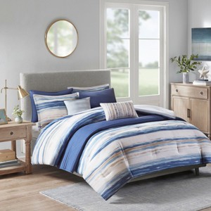 Sapphtopaz Bedding Comforter Set 8 Piece Watercolor Stripes Print Seersucker Channel Stitch Reversible Quilting Quilt Set - 1 of 4