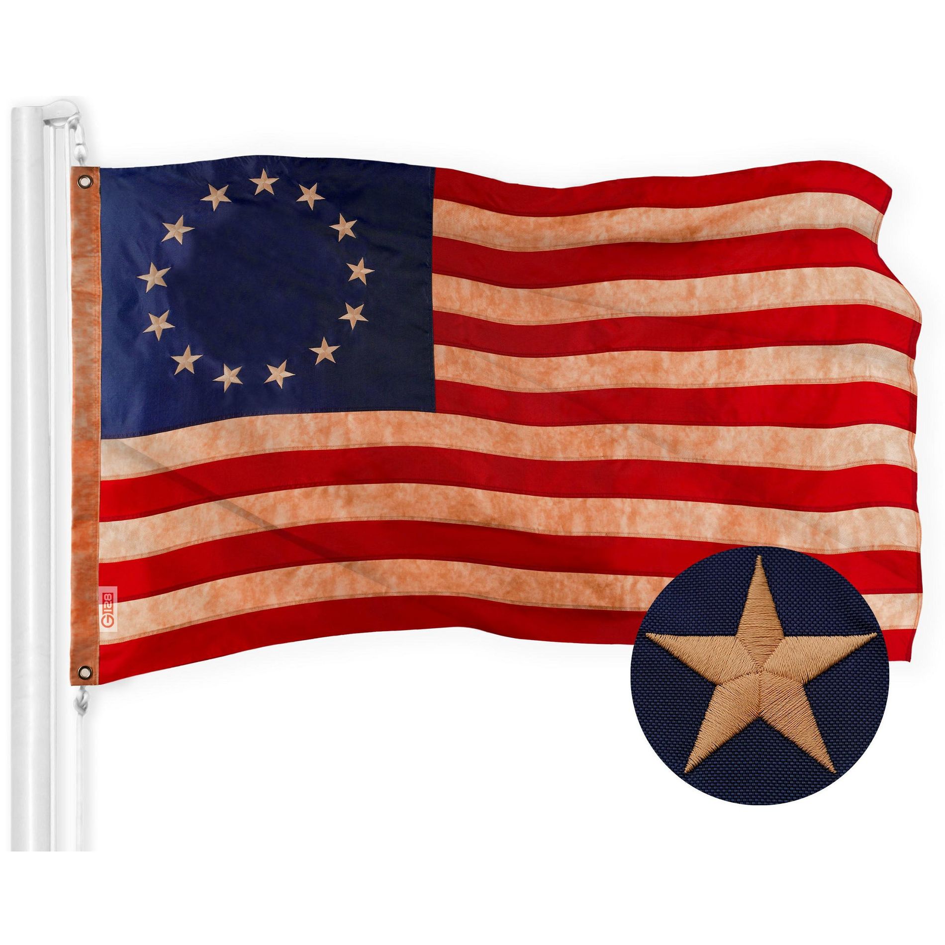 G128 Betsy Ross Tea-Stained Flag | 1x1.5 Ft | ToughWeave Pro Series Embroidered 420D Polyester | Historical Flag